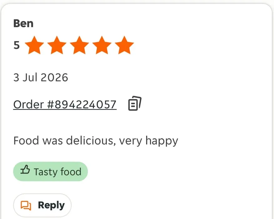 Ben: “Food was delicious — very happy.”