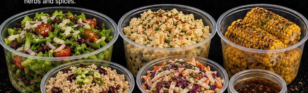 A spread of Mae-Jah Munch sides — salad, slaw, rice & peas, potato salad and corn